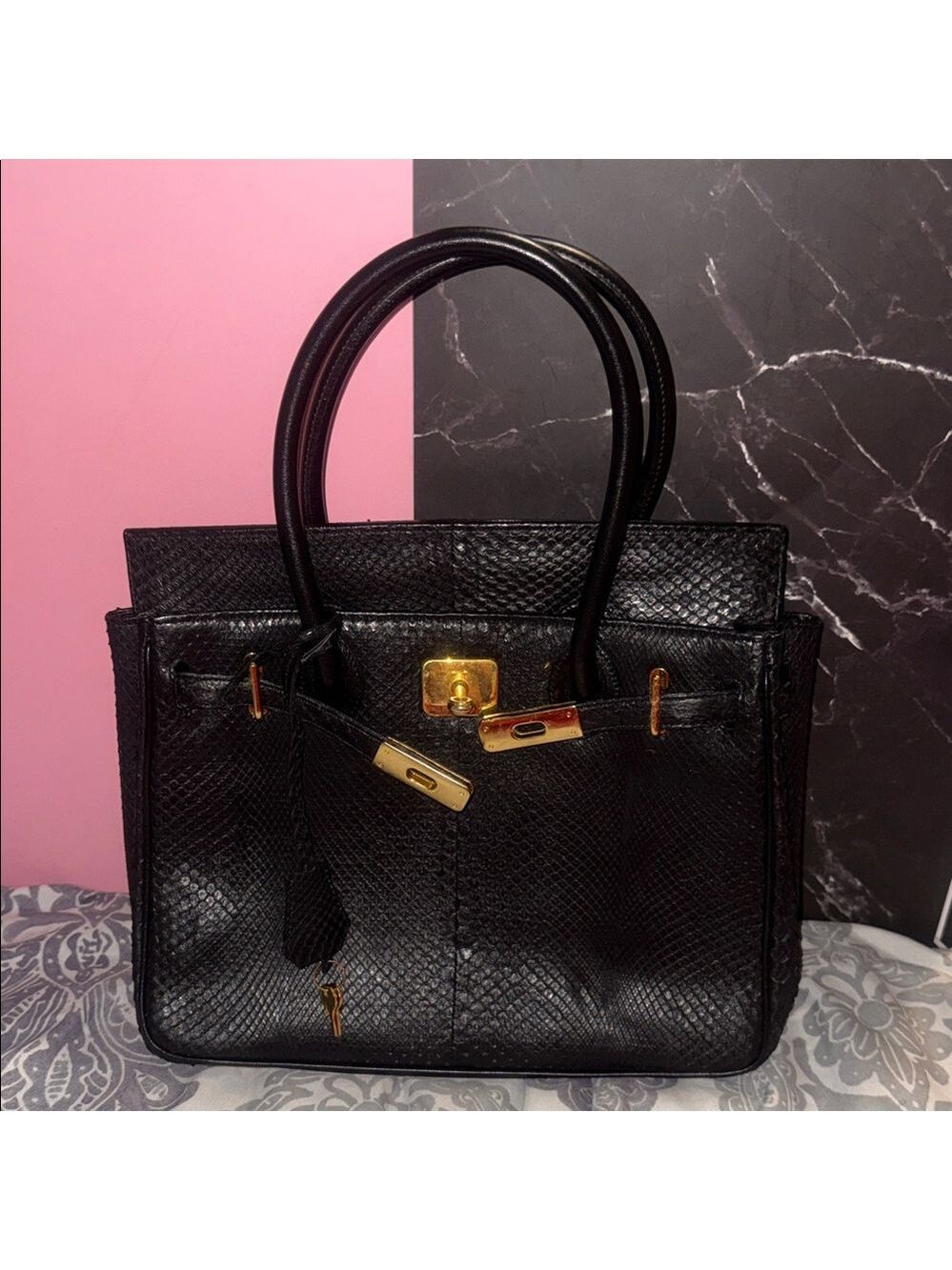 Structured Black Leather Satchel with Gold-Tone Hardware snake skin - Picture 4 of 16